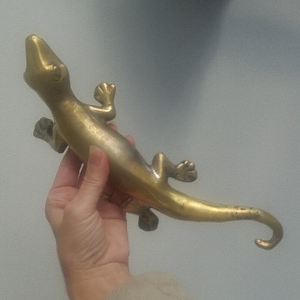 Vintage Metal Brass Silver Toned Lizard Statue